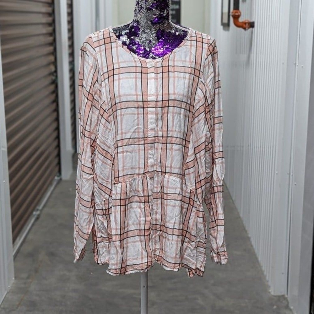 Plaid Cottagecore Boho Grunge Pink & White Babydoll Tunic Plus 28 Lane Bryant